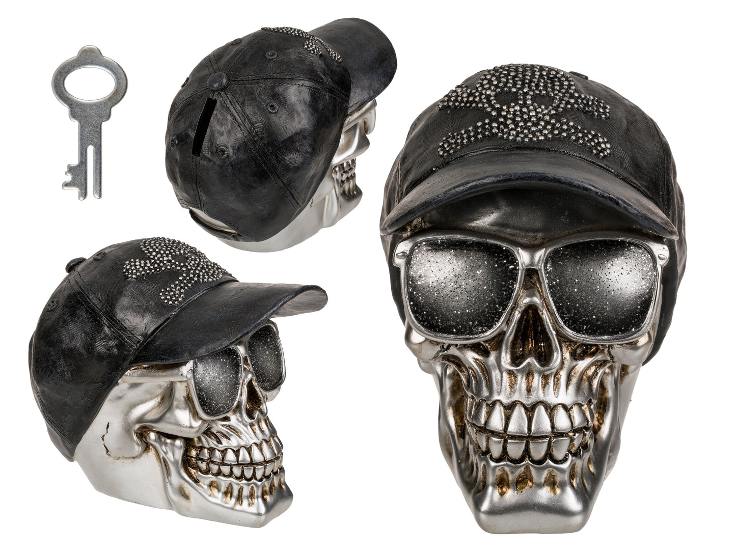Polyresin Skull Saving Bank -  Silver Skull with Sunglasses & Cap Money Bank
