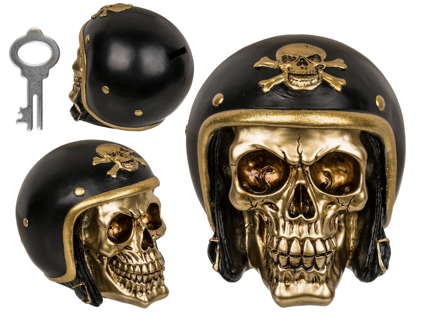 Polyresin Skull Saving Bank -  Gold Skull with Bike Helmet Money Bank