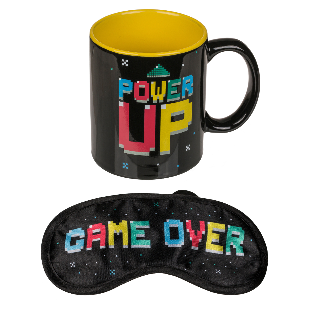 Power Up Ceramic Mug & Game Over Sleeping Eye Mask- Gaming Recovery Kit
