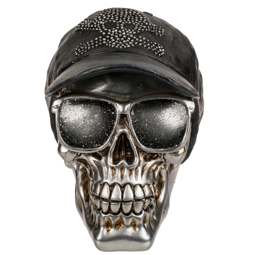 Polyresin Skull Saving Bank -  Silver Skull with Sunglasses & Cap Money Bank